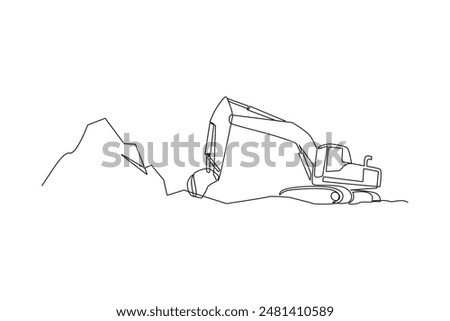 Continuous one line drawing an excavator used in the mining process. Woman digging and mining for treasure chest in underground tunnel. Single line draw design vector