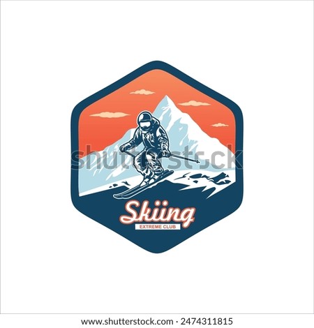 Ski club concept with skiers skiing downhill in high mountains. Ski club vector retro badge