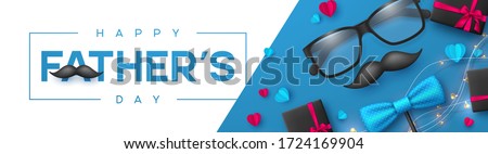 Happy Fathers Day banner with glasses, bow tie, mustache, gift box and hearts. Realistic style decorative elements with greeting text. Vector promotional template.