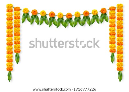 Traditional Indian floral garland with marigold flowers and mango leaves. Decoration for Indian hindu holidays or wedding. Isolated on white. Vector illustration.