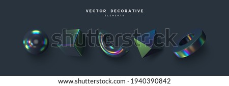 Set of 3d render primitives. Realistic 3d sphere, torus, cone, cube, tube. Glossy holographic geometric shapes isolated on dark background. Iridescent trendy design, thin film effect. Vector. Foto stock © 