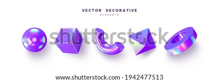 3d render primitive shape set . Realistic 3d sphere, torus, cube, tube. Glossy holographic geometric shapes isolated on white background. Iridescent trendy design, thin film effect. Vector. Foto d'archivio © 