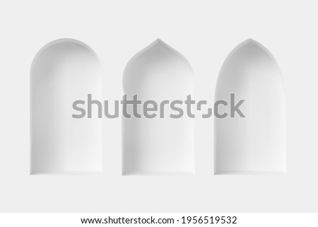 Set of 3d Arabic style windows. Architectural design elements for muslim holidays. Realistic minimal style. Vector illustration.