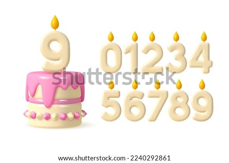 3d birthday cake with candle numbers set. Pink and beige colors isolated on white background. 3d render realistic vector illustration.