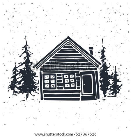 Wooden house in the forest, the concept of eco friendly life . Hand drawing vector illustration