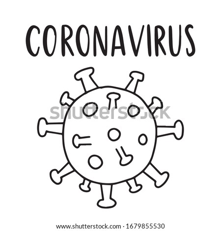Coronavirus line art icon. Hand drawn bacteria illustration. Line art covid-19 virus cell. Doodle art pictogram. Vector art. Hand lettering word. 