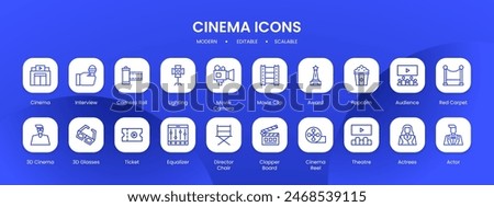 Cinema icon collection with black filled line outline style. set, cinema, movie, entertainment, symbol, camera, collection. Vector Illustration