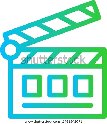 Clapper board cinema icon with blue and green gradient outline style. cinematography, production, film, clapper, cinema, movie, clap. Vector Illustration