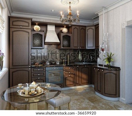 Classic Kitchen. Interior Design.Venge wood texture.