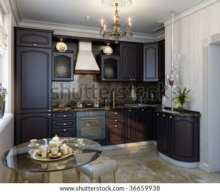Classic Kitchen. Interior Design.Black wood texture