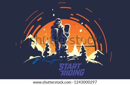 Back view of male snowboarder standing of the top of the hill opposite the big sun. Sports vector illustration