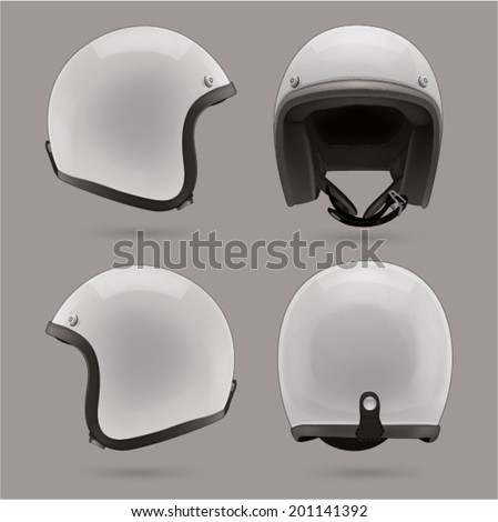 White motorbike classic helmet. Front, back and side view