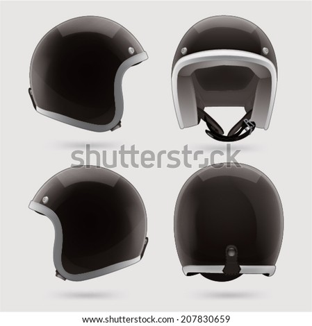 Black motorbike classic helmet. Front, back and side view.