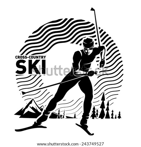 Cross-country skiing. Vector illustration in the engraving style