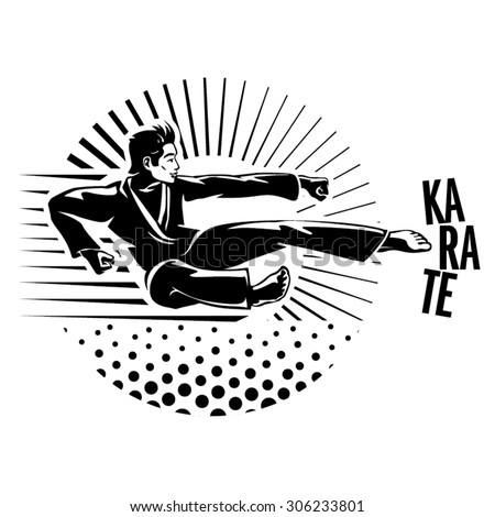 Karate martial art silhouette of man. Vector illustration in the engraving style.