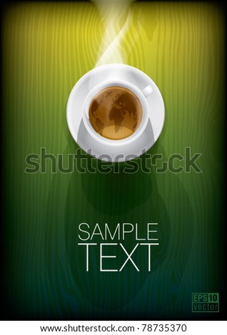 Coffee cup with world map on green background, top view. Eps10 vector