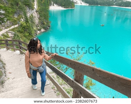 Similar – Image, Stock Photo Sporty woman watching lake Bohinj, Alps mountains, Slovenia.