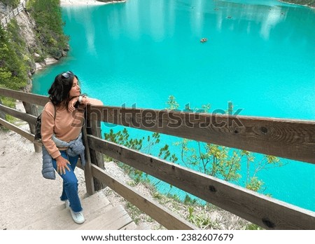 Similar – Image, Stock Photo Sporty woman watching lake Bohinj, Alps mountains, Slovenia.