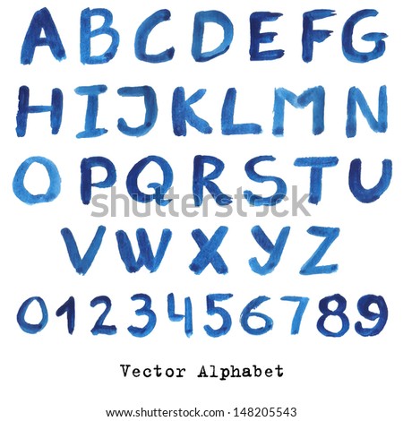 Alphabet in blue colors. Watercolor paint. Vector.numbers and letters in words for design illustration , backgrounds , textures , wallpaper,computer technologies,creation of clothing.