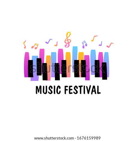 Piano keys and notes sign. Vector music Concert and Festival logo concept, poster background template. Bright logotype