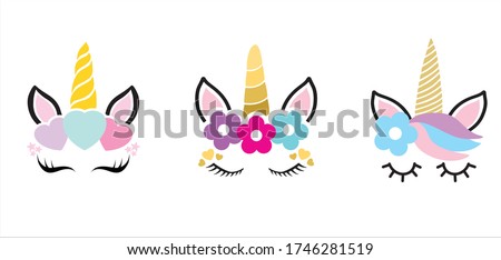 Hand drawn vector illustration of a cute funny unicorn heads with a set of different accessories. Design concept for children t shirts, stationery, bags and wall art prints.