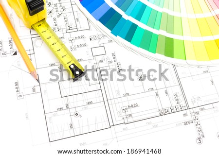Architectural drawings of the modern house and color samples catalog