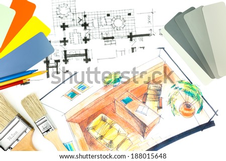 Architectural background with sketch, color samples and house plan