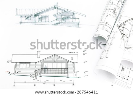house sketch with engineering and architecture blueprints