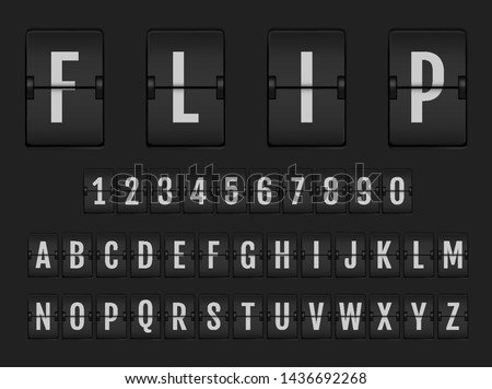 Flip countdown digital calendar clock numbers and letters. Vector alphabet, font, airport board arrival symbols.