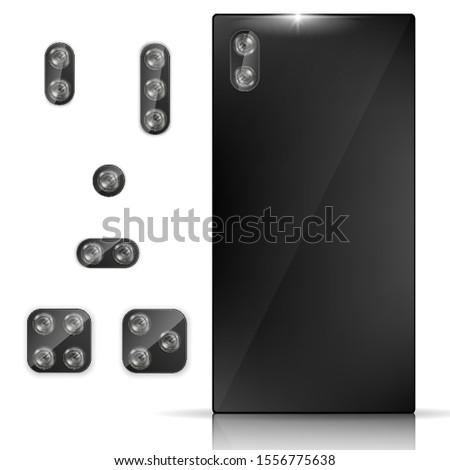 Realistic phone back view with Lens Cameras set. Smartphone Lens Camera. Black and Silver colors on Smartphone or other gadgets. Vector Illustration