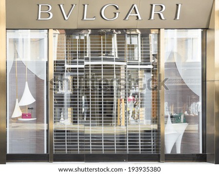 AMSTERDAM, THE NETHERLANDS - MAY 18, 2014: Bvlgari store in the P.C.Hooftstraat street in Amsterdam. The Italian luxury brand produces and markets jewelry and luxury goods, fragrances and accessories.