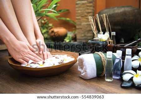 Thai Spa treatment and product  body care for female pedicure foot or feet and manicure toe spa in water, Thailand. Healthy Concept ストックフォト © 