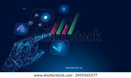 
Vector illustration. A hand is pointing to a buy or sell button, taking into account the rising or falling chart. Abstract low poly trading background