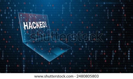 Laptop hacked and program binary code is protection background, for cybersecurity, network protection, hacking, scam, and phishing, 