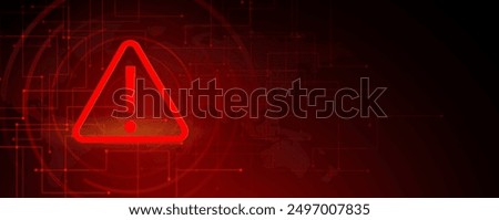 Hacking concept. Attention warning attacker alert sign and computer security protection notify danger. Technology red background