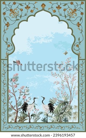 Traditional Islamic mughal Garden with arch, Bird and watercolor flower background Design. 