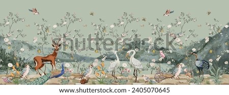 Chinoiseries style Seamless pattern with peonies trees, butterfly and birds . Vector.