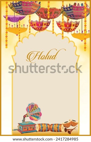 Traditional Indian Wedding card, Wedding Invitation Design, Dhol, Umbrella, Flowers, Watercolor background, Holud Invitation,Haldi.