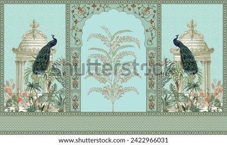 Traditional  Mughal Wall Design, Mughal Arch, Peacock, Flower, Seamless Border, Dome.