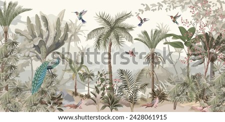 Palazzo wallpaper, Mughal Wallpaper, Mughal Background Illustration, Animals, Birds, Watercolor background.