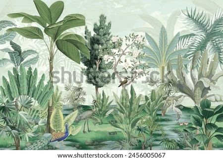 Mughal Garden, Tropical garden, watercolor tree, birds, watercolor background.