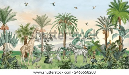 Tropical forest, wild wallpaper mural, jungle background, birds and animal.