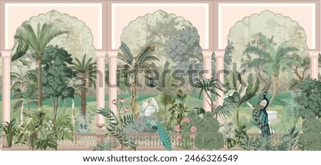 Jungle wall mural wallpaper, watercolor background, forest,birds, peacock.