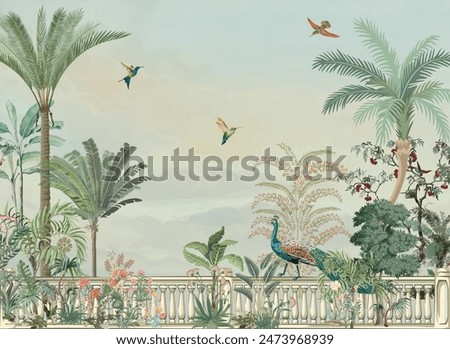 Mughal garden wallpaper, wallpaper mural design, Peacock,birds, watercolor background.