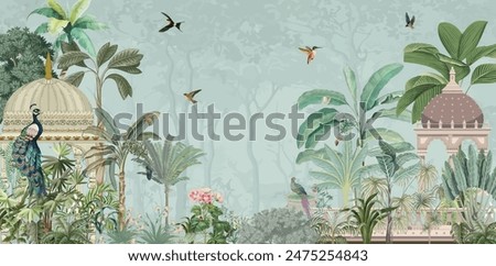 Traditional mughal garden Illustration, Mughal mural wallpaper Design, Birds, Peacock, Watercolor Background.