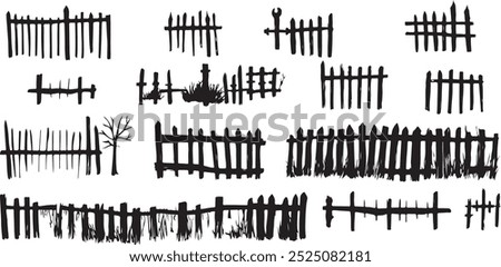 Collection of halloween broken wooden fence silhouettes ,Hand drawn wooden fence silhouettes, isolated on white background