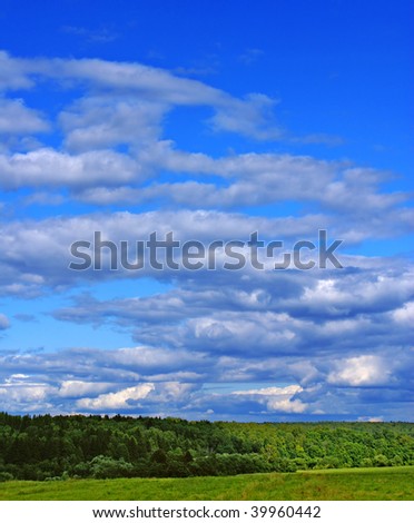 Summer landscape with cloudy sky, green grass and trees