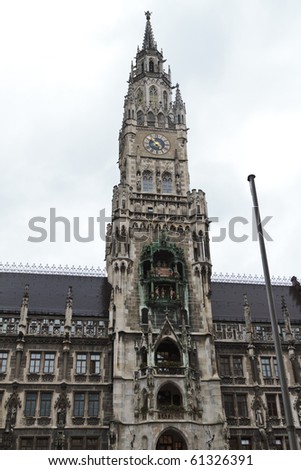 Low angle view of old town hall clock tower in Munich, Bavaria, Germany.