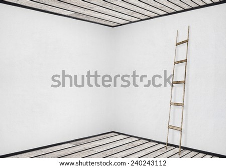 white stucco wall with a wooden ladder, wooden floor and ceiling background