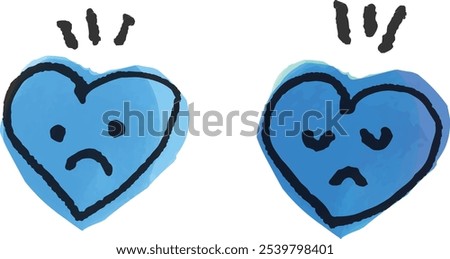 Cute blue heart with a grumpy expression and hand-drawn style, hand-drawn illustration